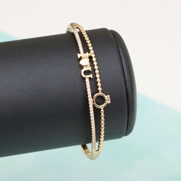 Dainty “I ❤️ U” Rose Gold Bangle with Diamond Ring Charm, XPBL0469 - Picture 7 of 10